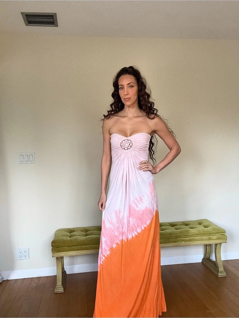 Sky Strapless Abstract Maxi Dress in Pink & Orange Size Small